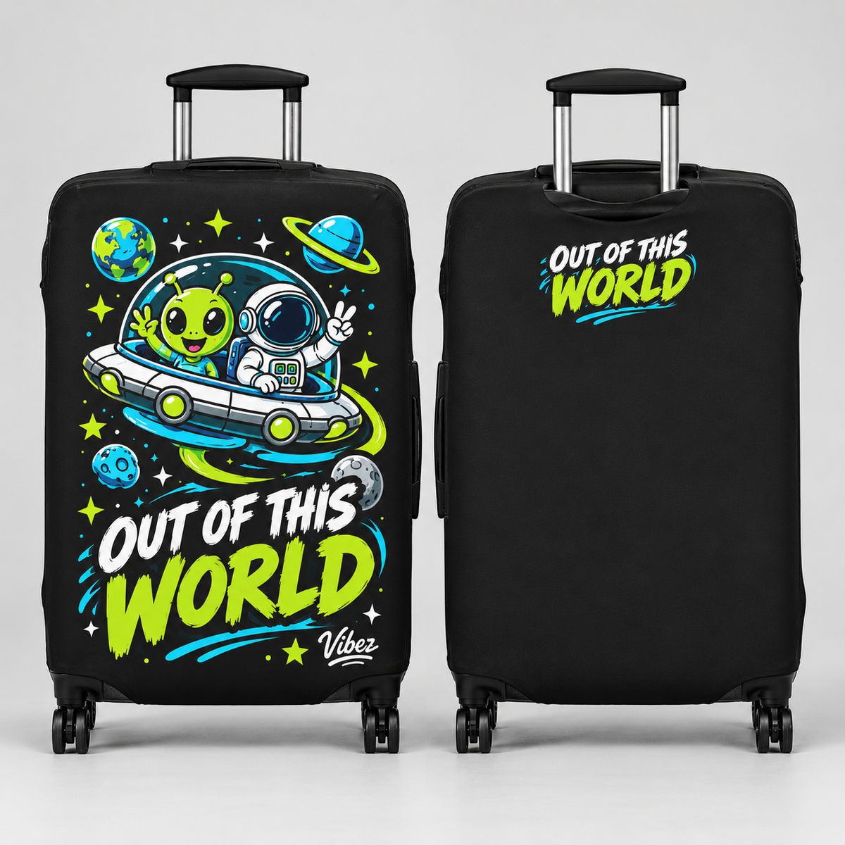 Out of This World Alien Astronaut Luggage Cover | Space Travel Suitcase Protector