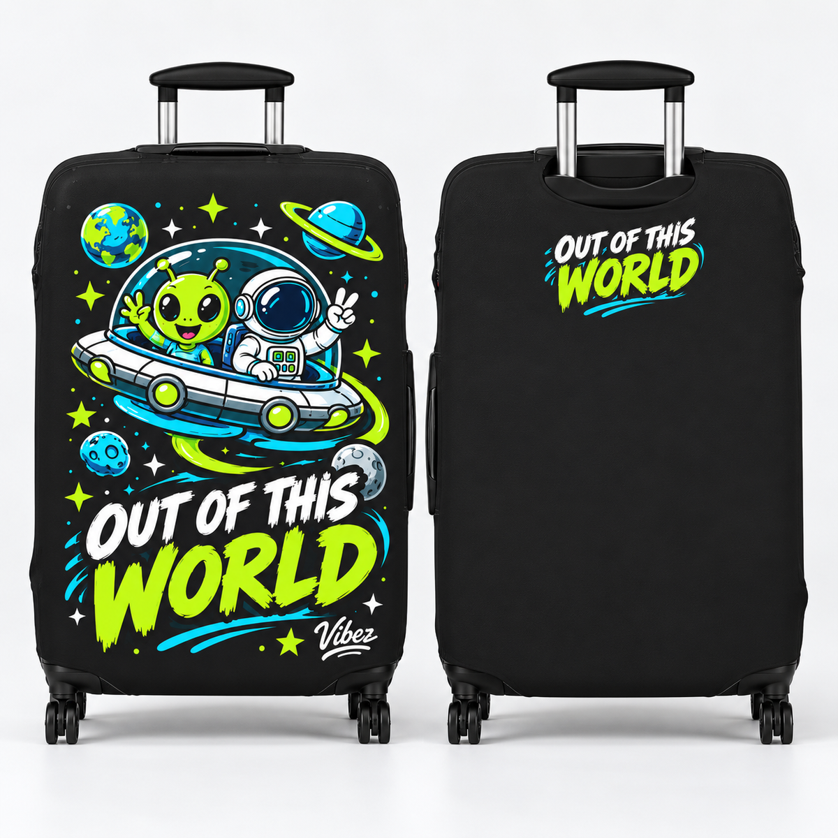 Out of This World Alien Astronaut Luggage Cover | Space Travel Suitcase Protector