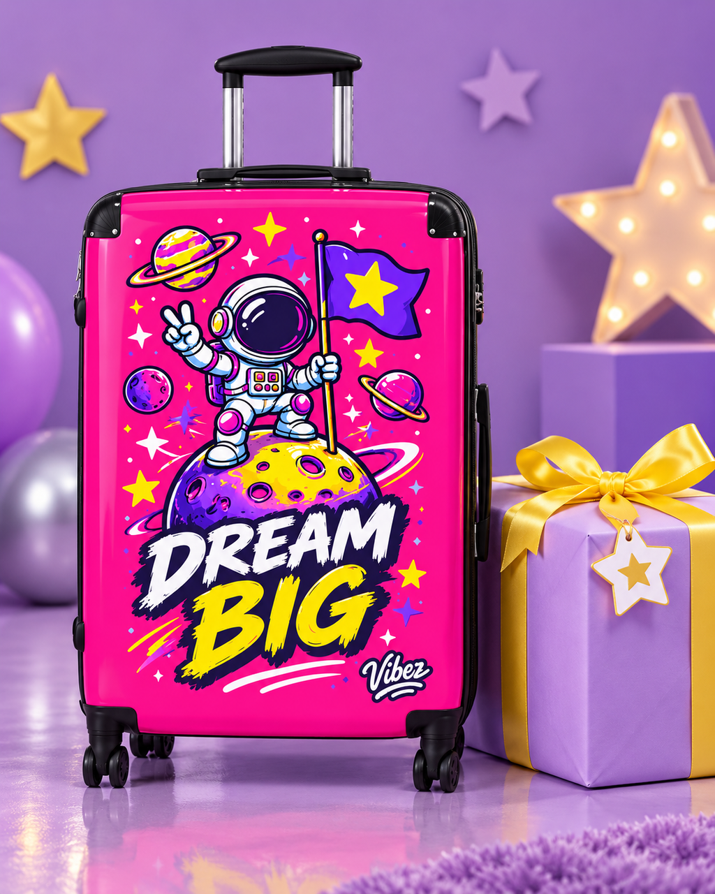 Dream Big Astronaut Suitcase | Kids Space Luggage, Pink Rocket Planet Design
