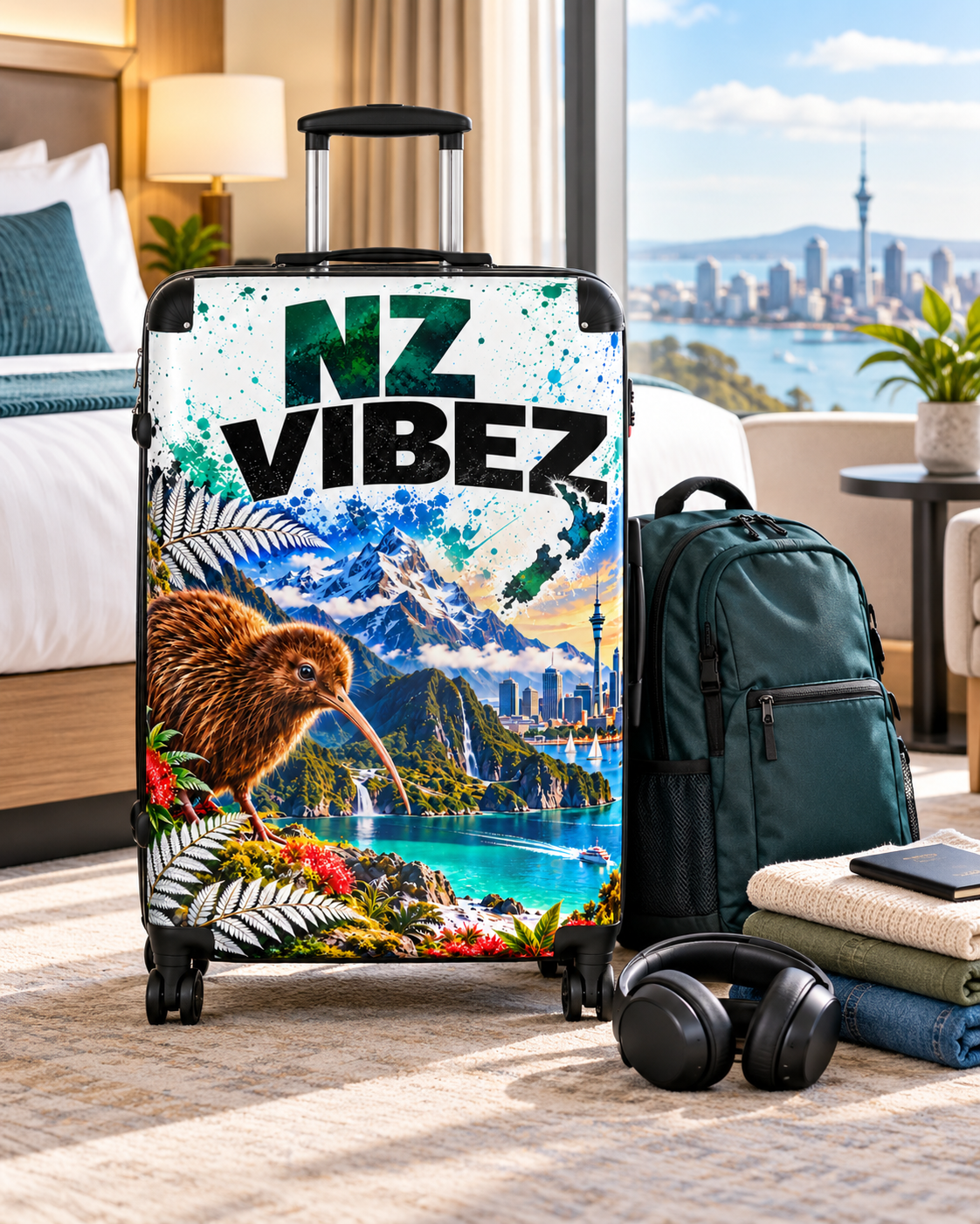 NZ Vibez Suitcase | Kiwi, Mountains & Cityscape Luggage Cover