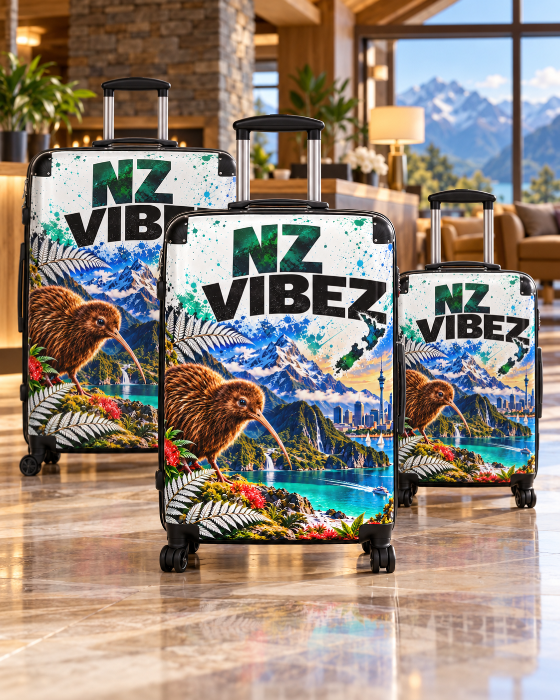 NZ Vibez Suitcase | Kiwi, Mountains & Cityscape Luggage Cover