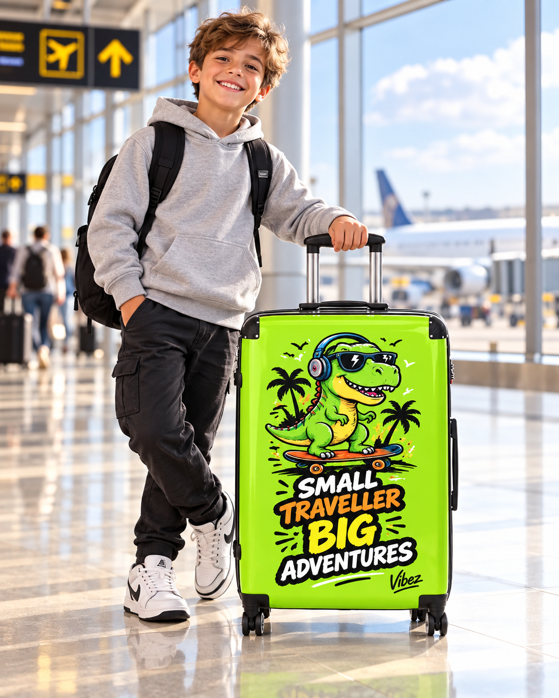 Skateboarding T-Rex "Small Traveller Big Adventures" Suitcase | Kids Luggage