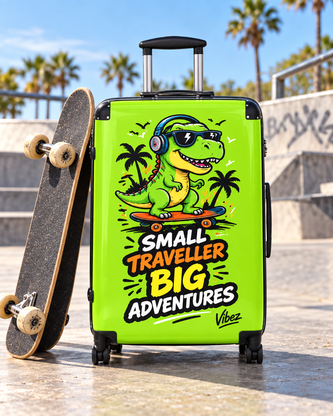 Skateboarding T-Rex "Small Traveller Big Adventures" Suitcase | Kids Luggage