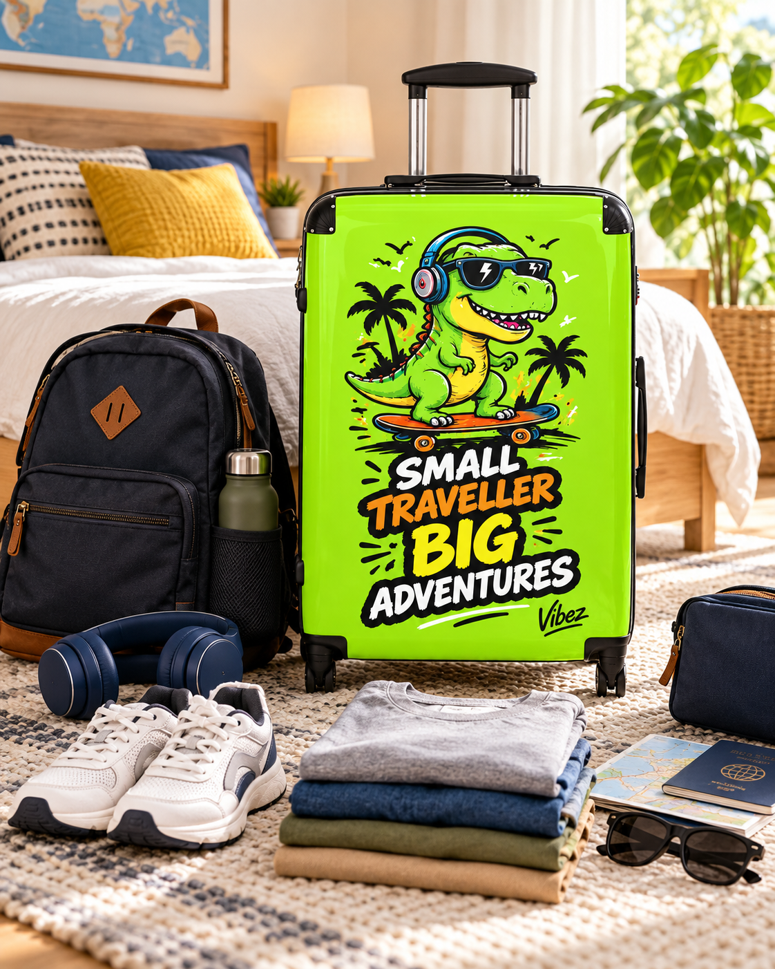 Skateboarding T-Rex "Small Traveller Big Adventures" Suitcase | Kids Luggage