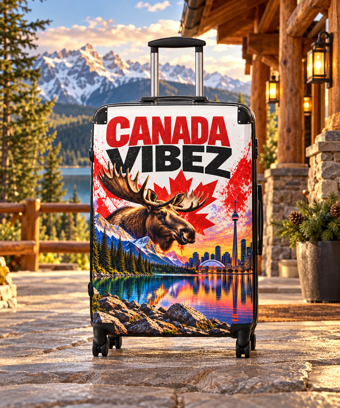Canada Vibez Moose Suitcase | Canadian Flag, Skyline, Lake Scene