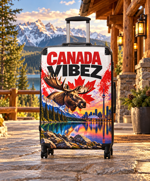 Canada Vibez Moose Suitcase | Canadian Flag, Skyline, Lake Scene