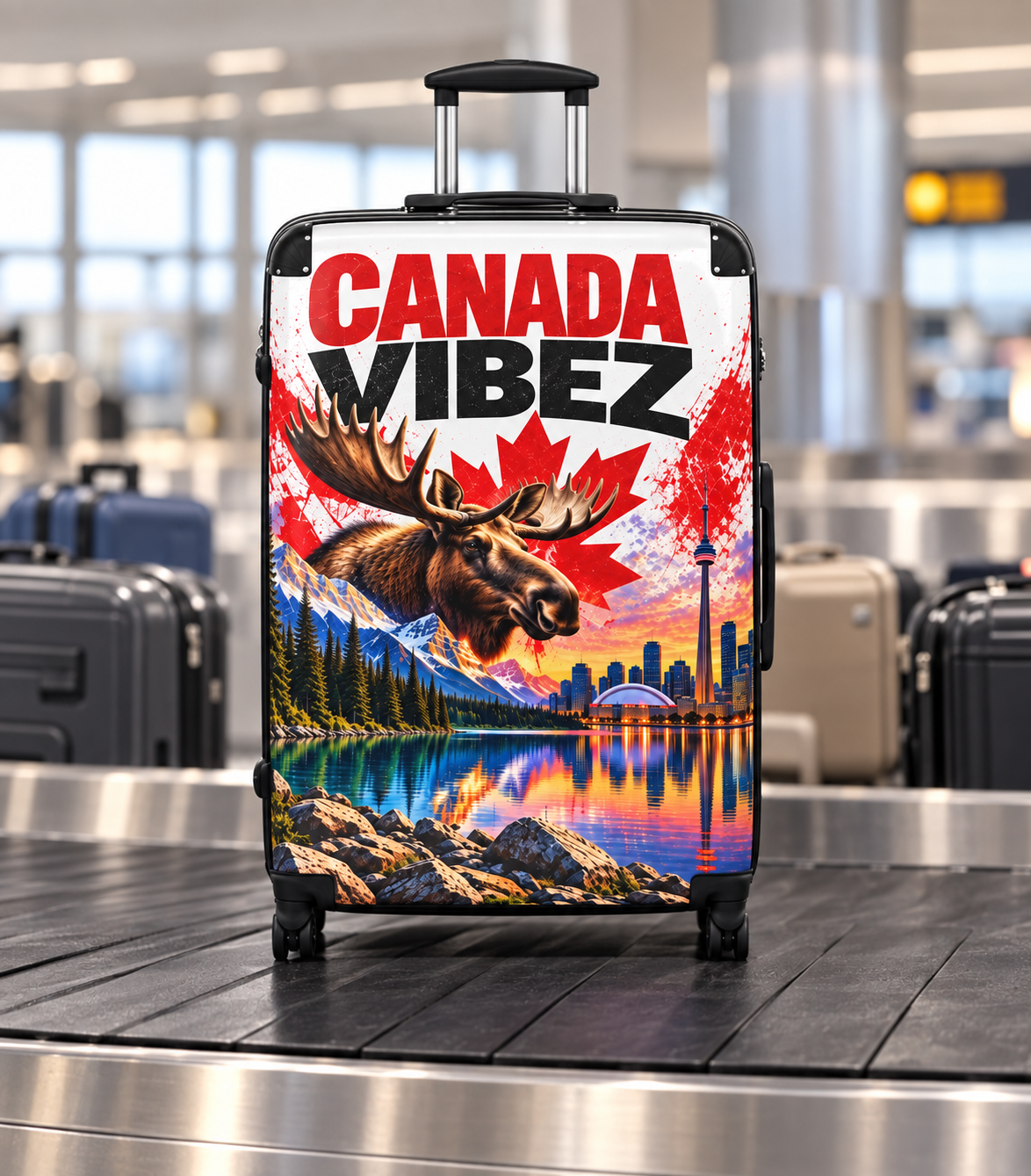 Canada Vibez Moose Suitcase | Canadian Flag, Skyline, Lake Scene