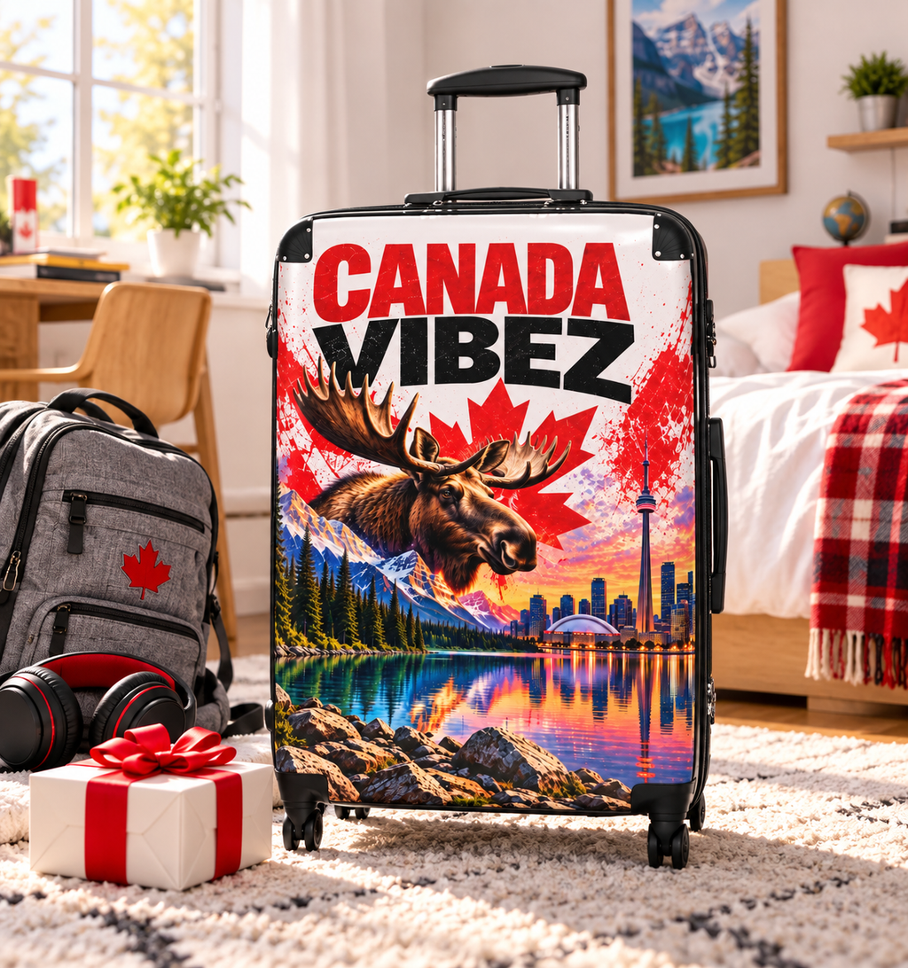 Canada Vibez Moose Suitcase | Canadian Flag, Skyline, Lake Scene