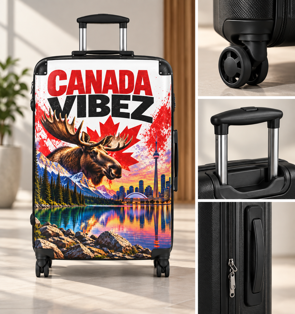 Canada Vibez Moose Suitcase | Canadian Flag, Skyline, Lake Scene
