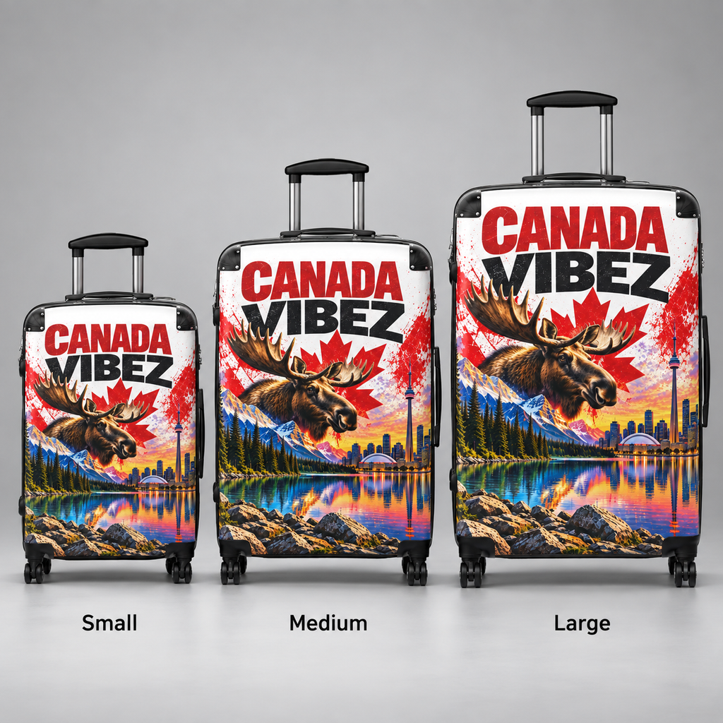 Canada Vibez Moose Suitcase | Canadian Flag, Skyline, Lake Scene
