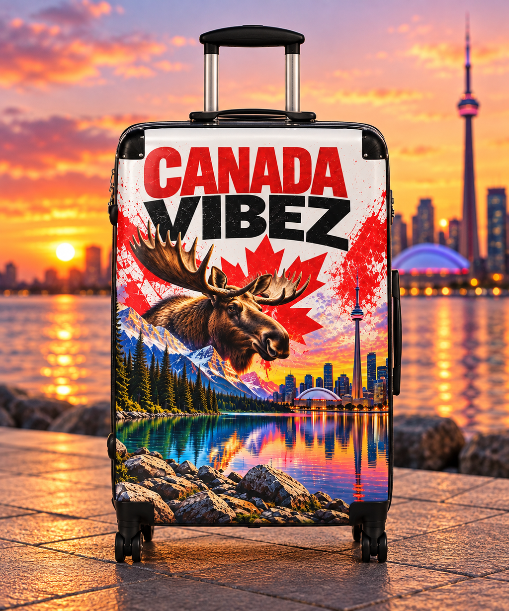 Canada Vibez Moose Suitcase | Canadian Flag, Skyline, Lake Scene