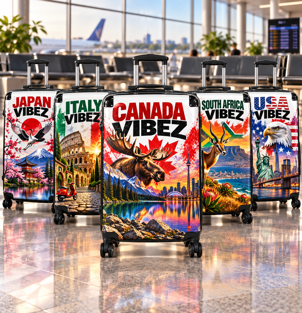 Canada Vibez Moose Suitcase | Canadian Flag, Skyline, Lake Scene