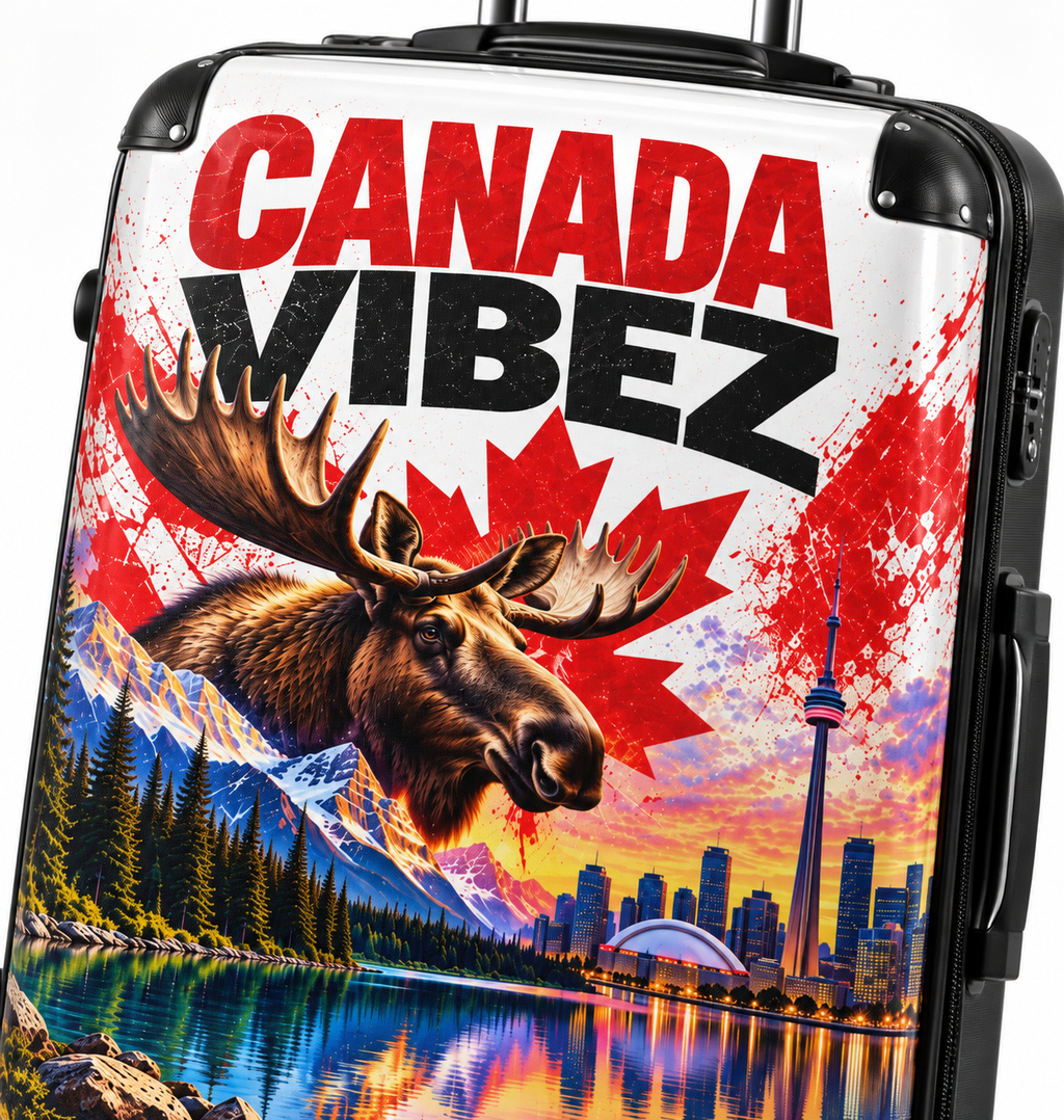 Canada Vibez Moose Suitcase | Canadian Flag, Skyline, Lake Scene