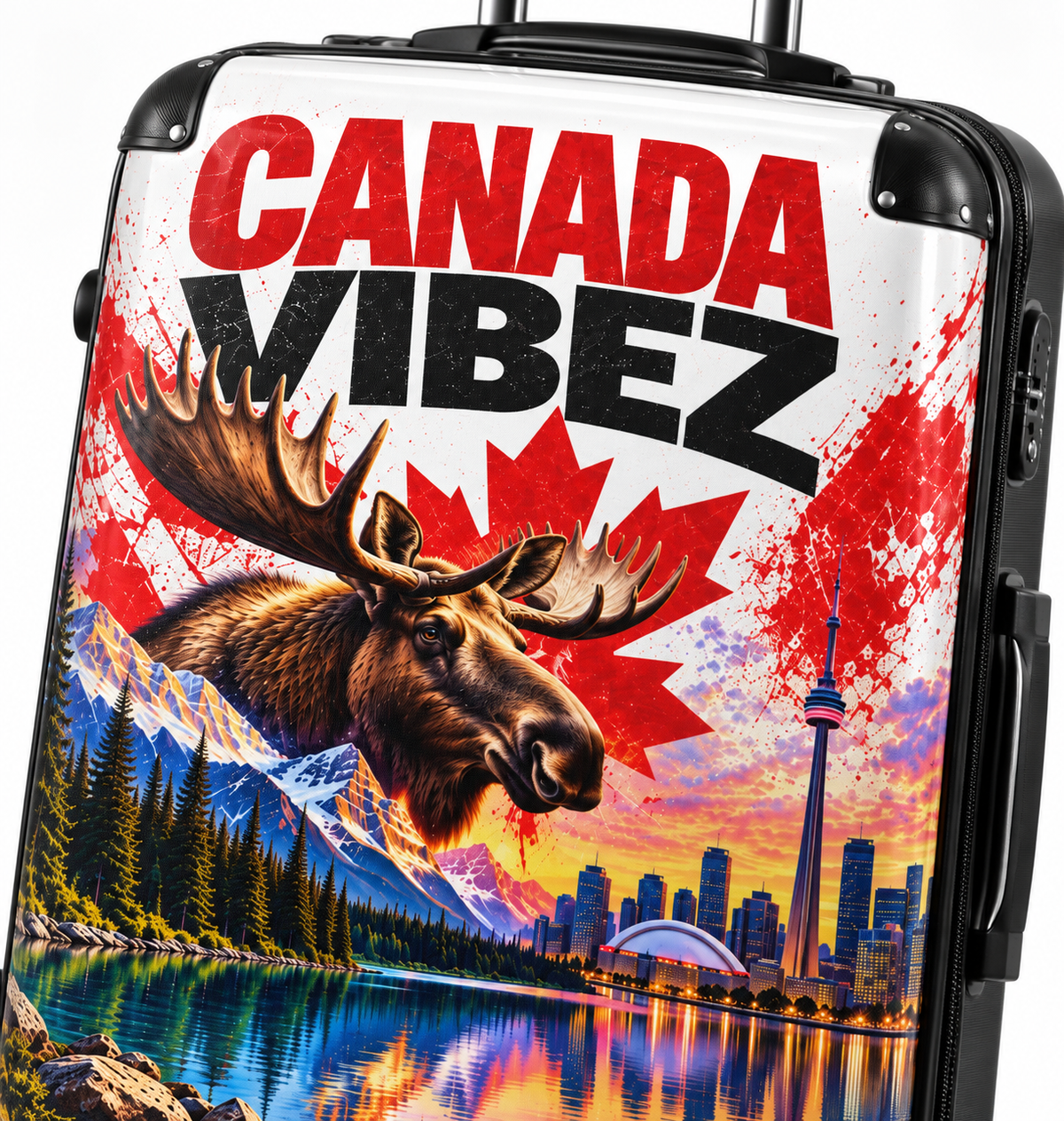 Canada Vibez Moose Suitcase | Canadian Flag, Skyline, Lake Scene