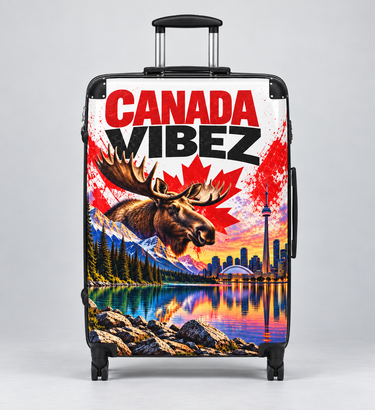 Canada Vibez Moose Suitcase | Canadian Flag, Skyline, Lake Scene