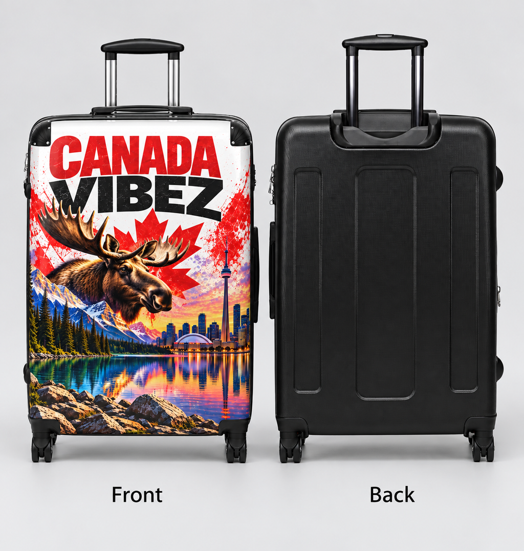 Canada Vibez Moose Suitcase | Canadian Flag, Skyline, Lake Scene