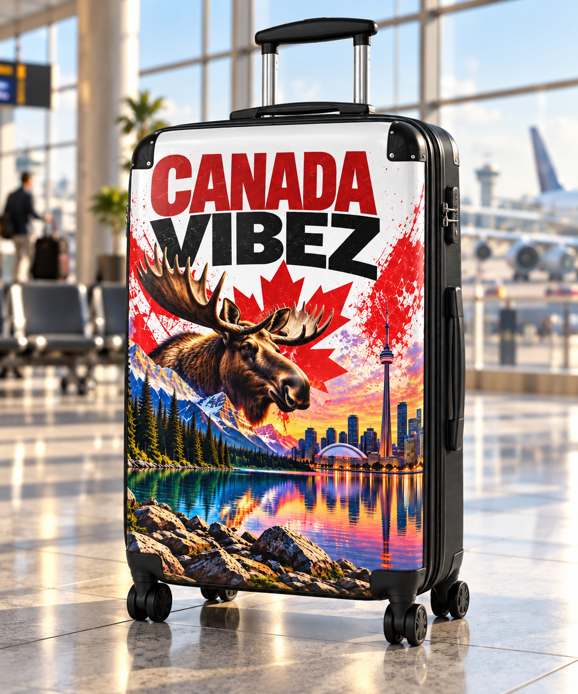 Canada Vibez Moose Suitcase | Canadian Flag, Skyline, Lake Scene
