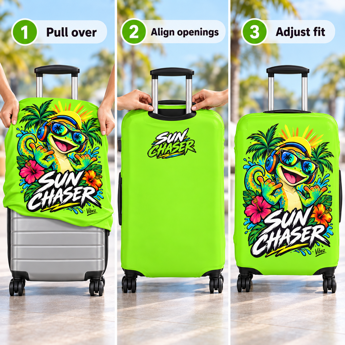 Sun Chaser Gecko Luggage Cover | Bright Tropical Travel