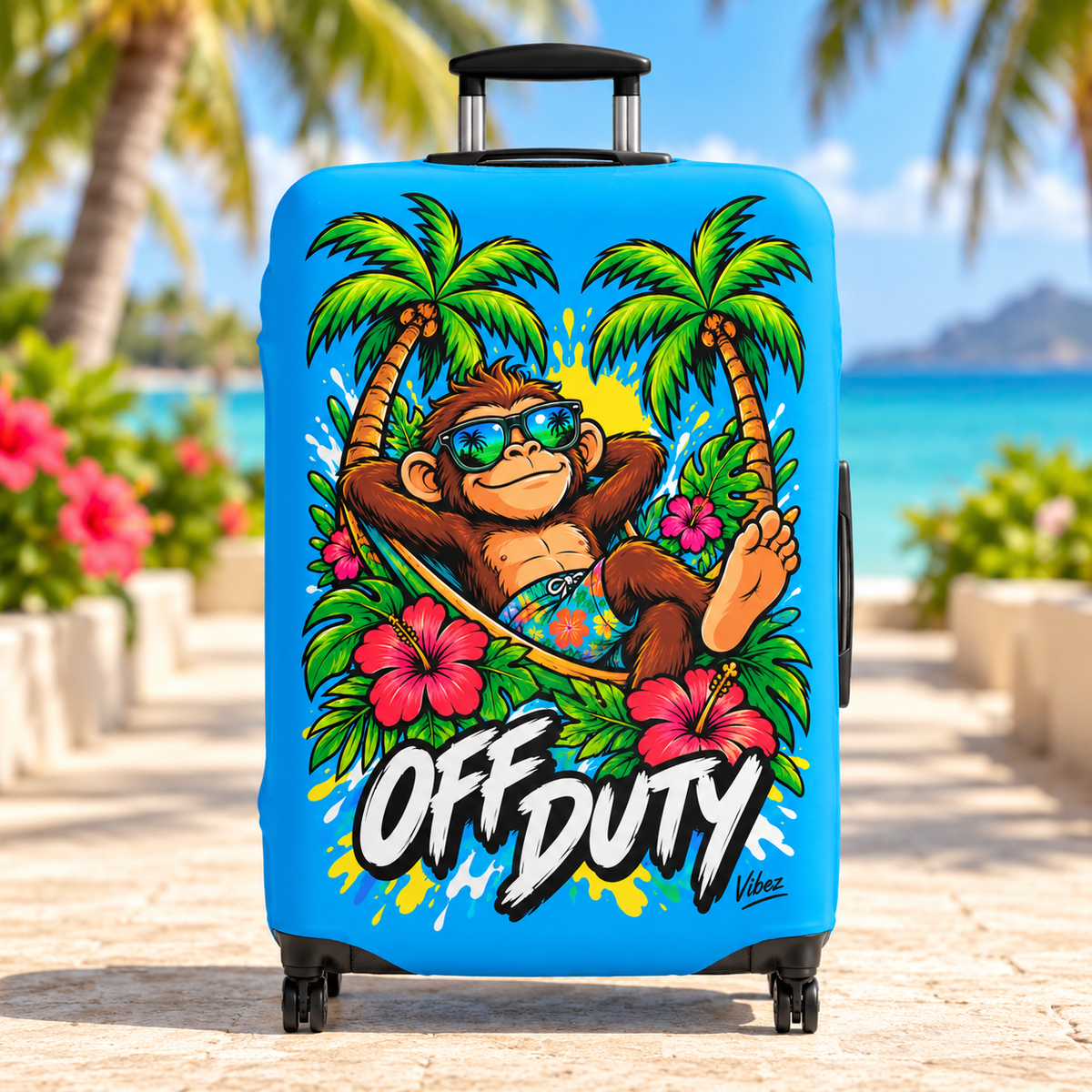 Relaxed Monkey Off Duty Luggage Cover | Tropical Palm Beach Print