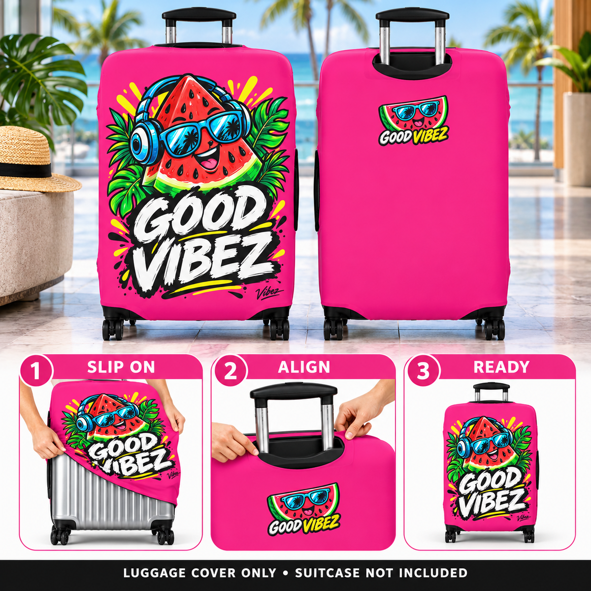 Watermelon 'Good Vibez' Design Luggage Cover | Pink Travel Accessory
