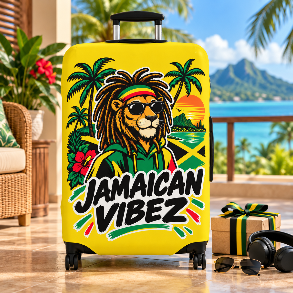 Jamaican Vibez Lion Graphic Luggage Cover | Reggae Rasta Palm Tree Suitcase Sleeve