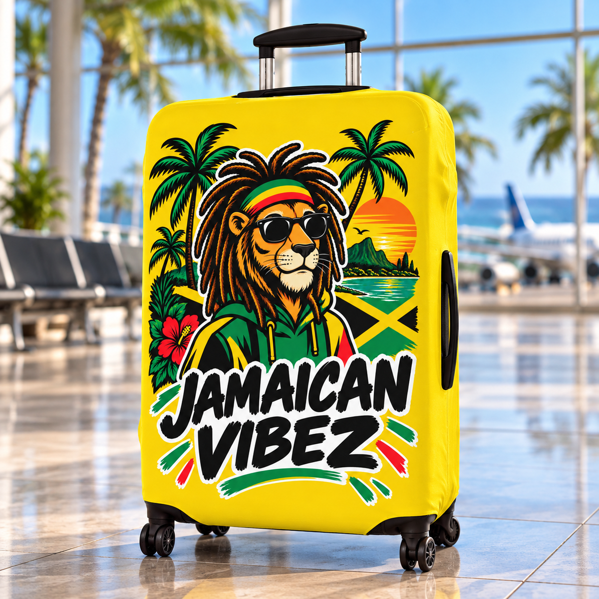 Jamaican Vibez Lion Graphic Luggage Cover | Reggae Rasta Palm Tree Suitcase Sleeve