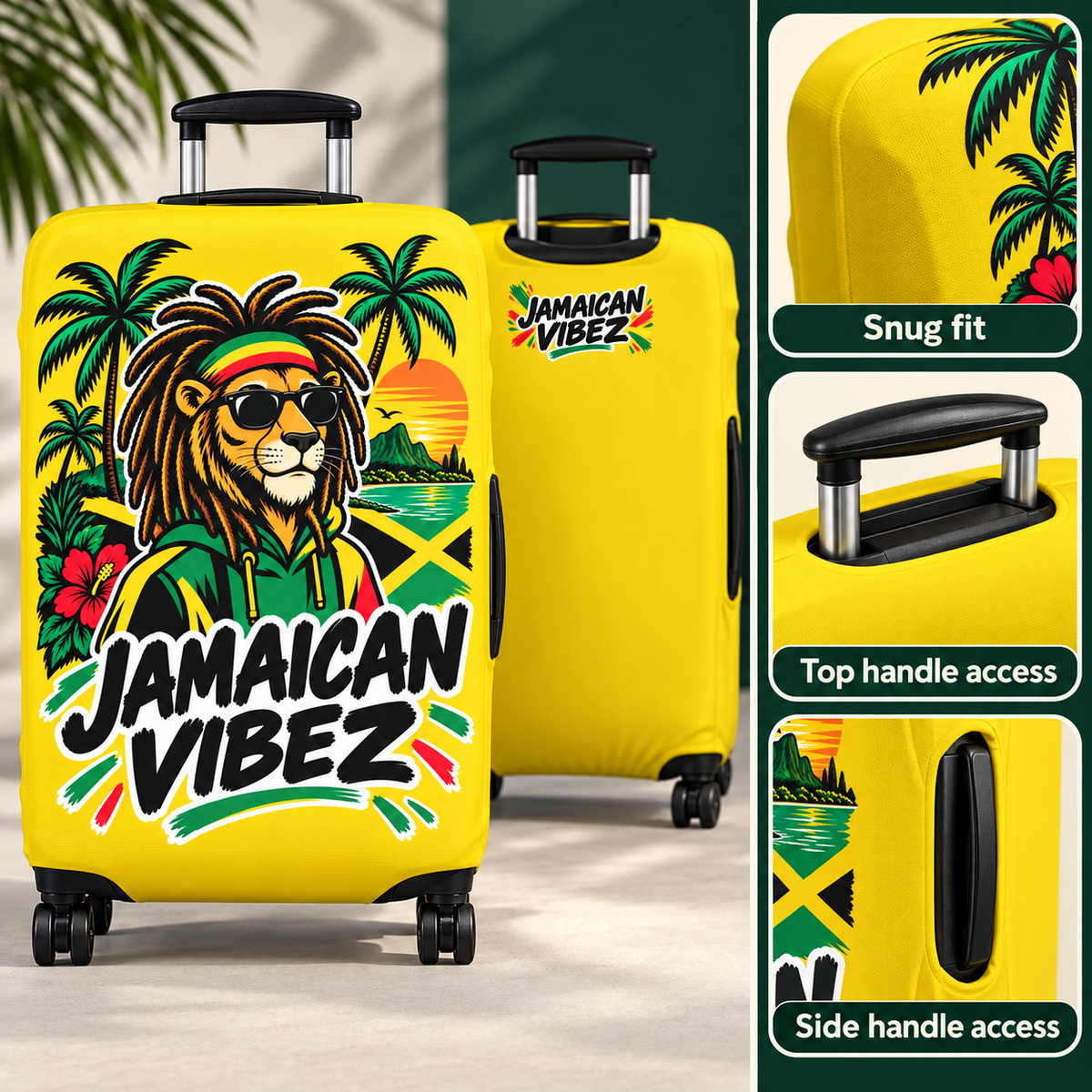 Jamaican Vibez Lion Graphic Luggage Cover | Reggae Rasta Palm Tree Suitcase Sleeve