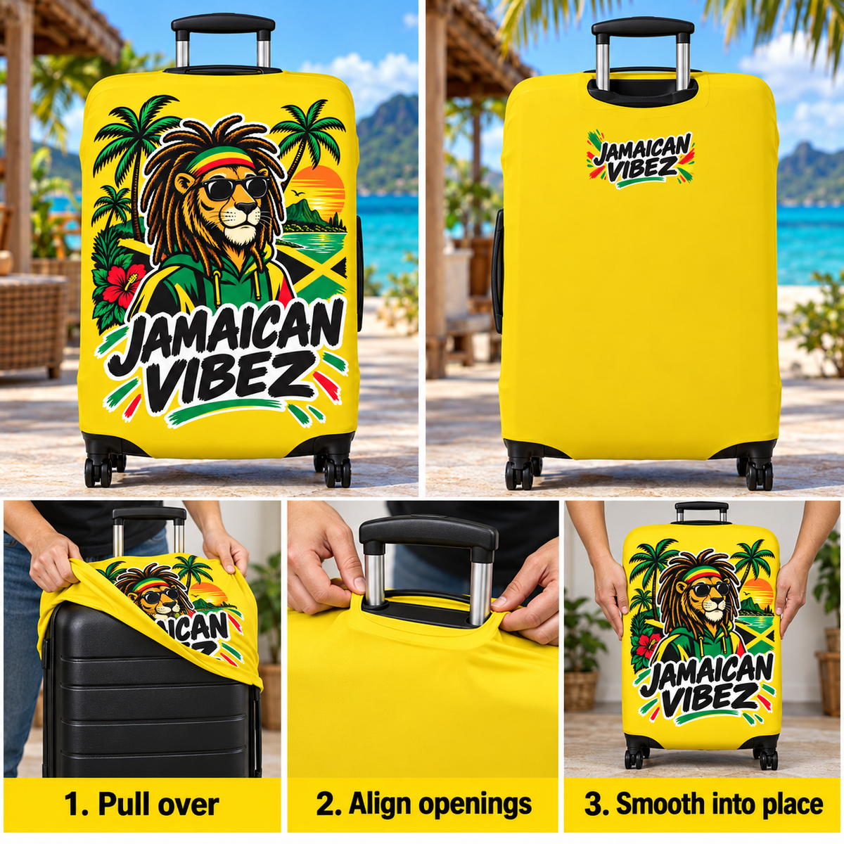 Jamaican Vibez Lion Graphic Luggage Cover | Reggae Rasta Palm Tree Suitcase Sleeve