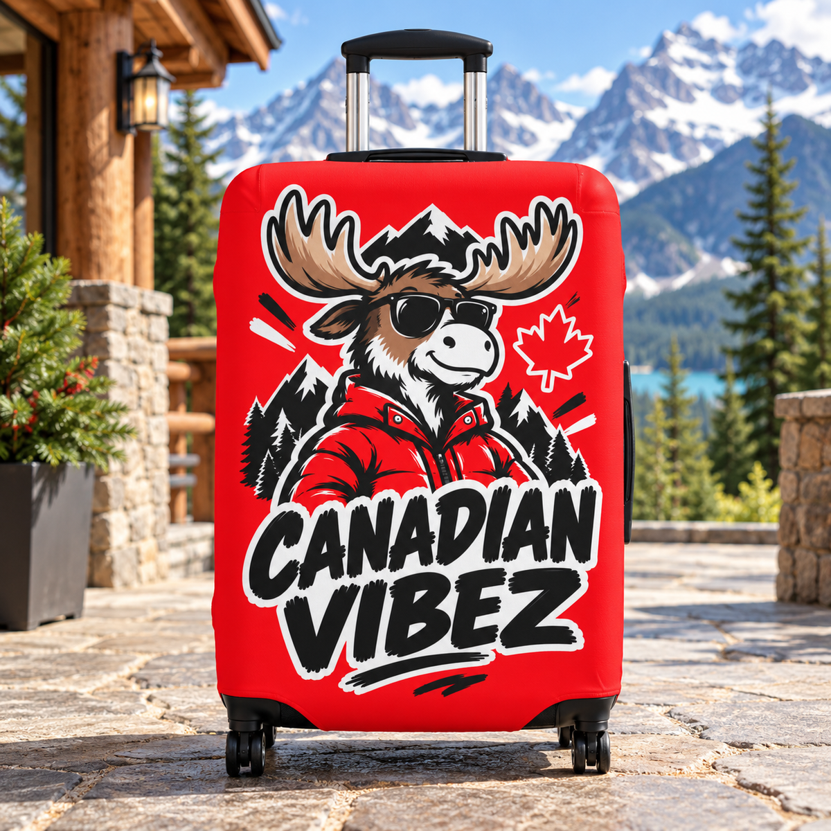 Canadian Vibez Moose Luggage Cover | Red Maple Leaf Travel Protector