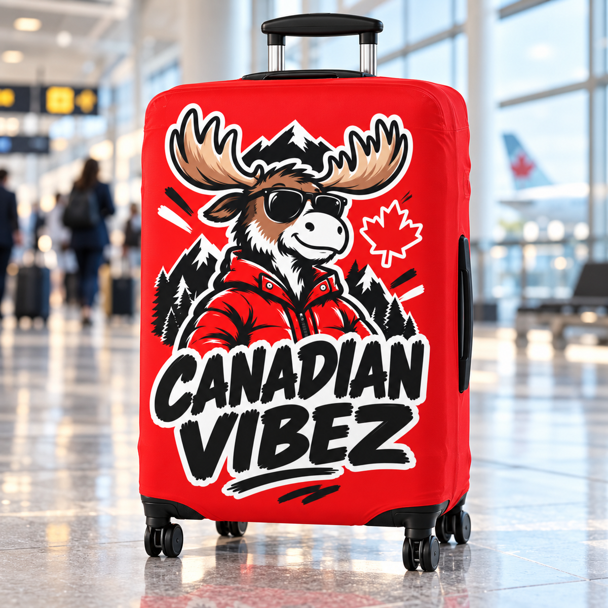 Canadian Vibez Moose Luggage Cover | Red Maple Leaf Travel Protector