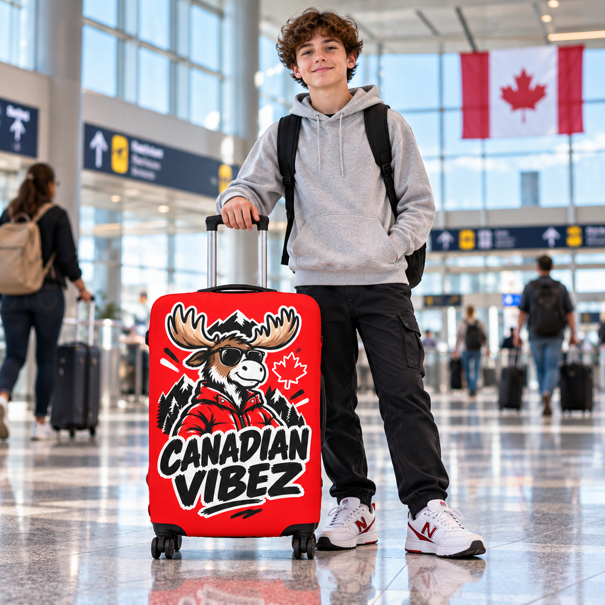 Canadian Vibez Moose Luggage Cover | Red Maple Leaf Travel Protector