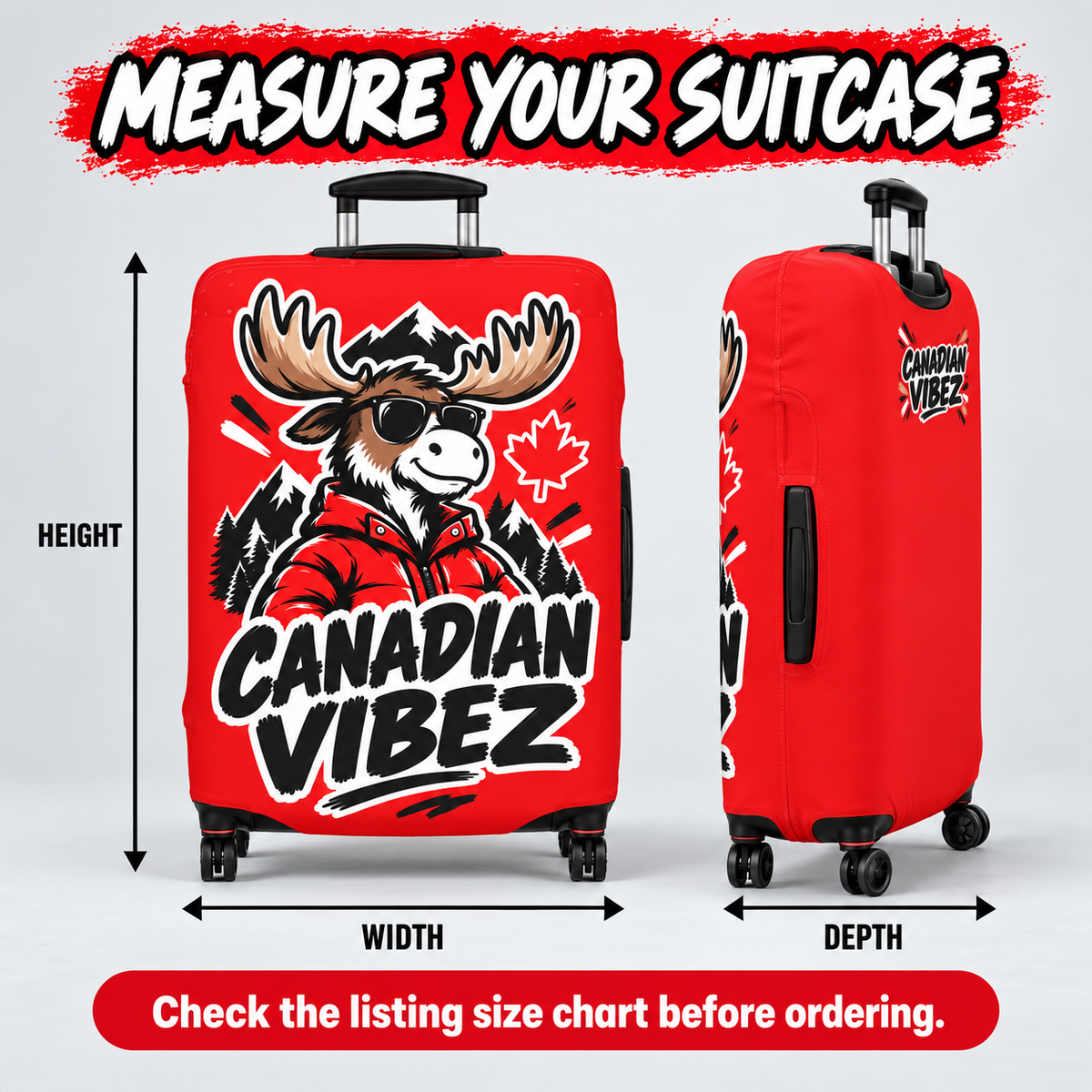 Canadian Vibez Moose Luggage Cover | Red Maple Leaf Travel Protector