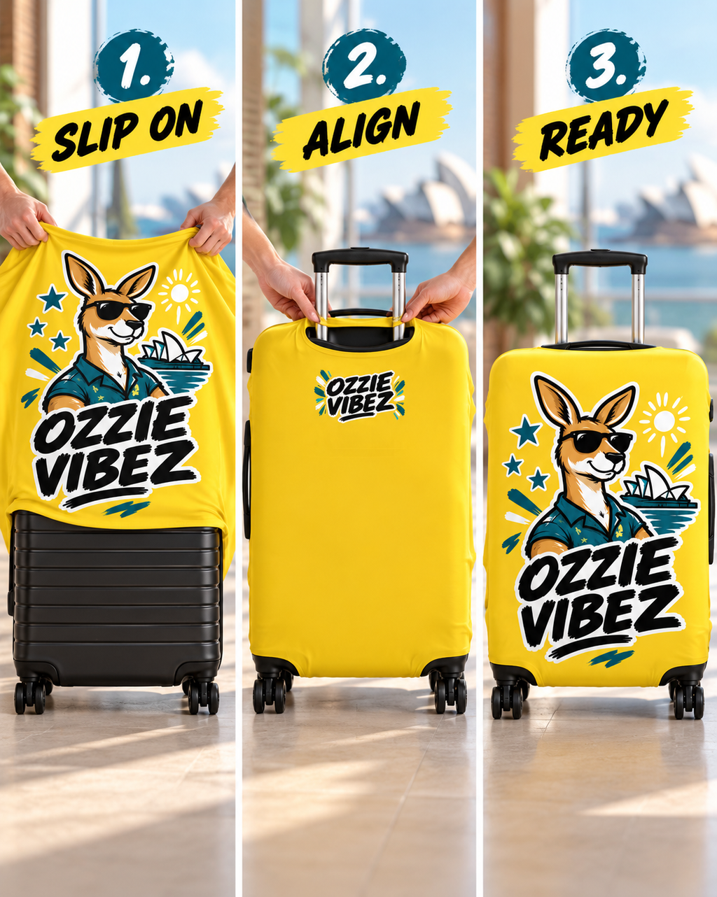 Ozzie Vibez Kangaroo Graphic Luggage Cover | Yellow Travel Accessory