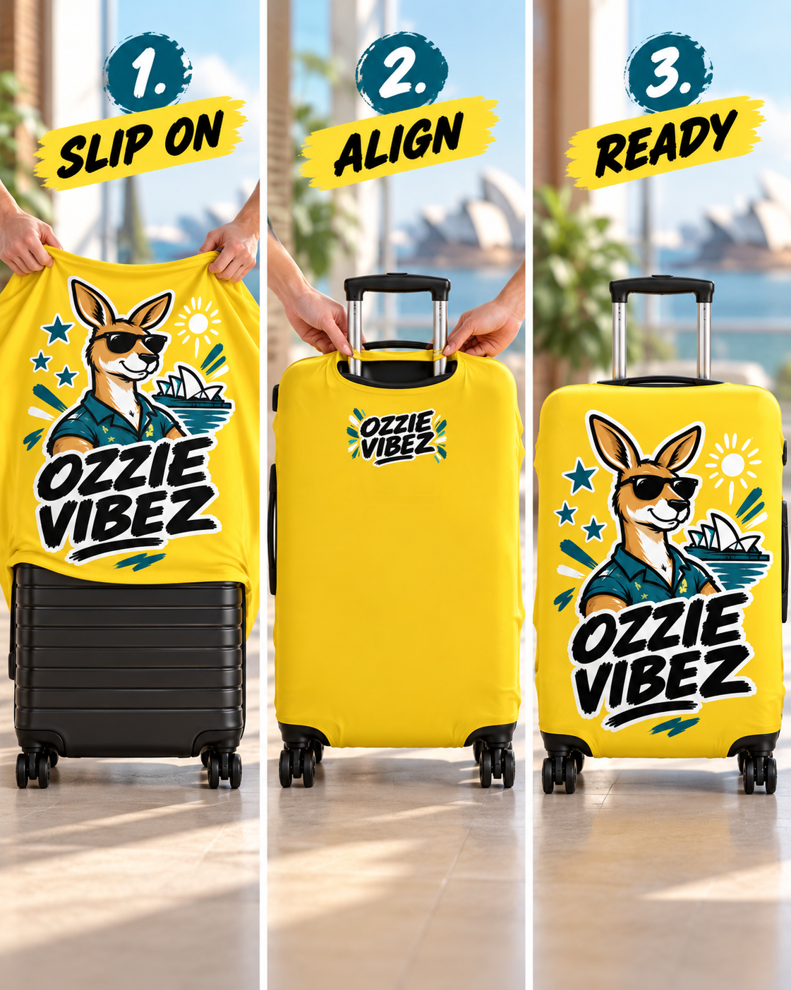Ozzie Vibez Kangaroo Graphic Luggage Cover | Yellow Travel Accessory