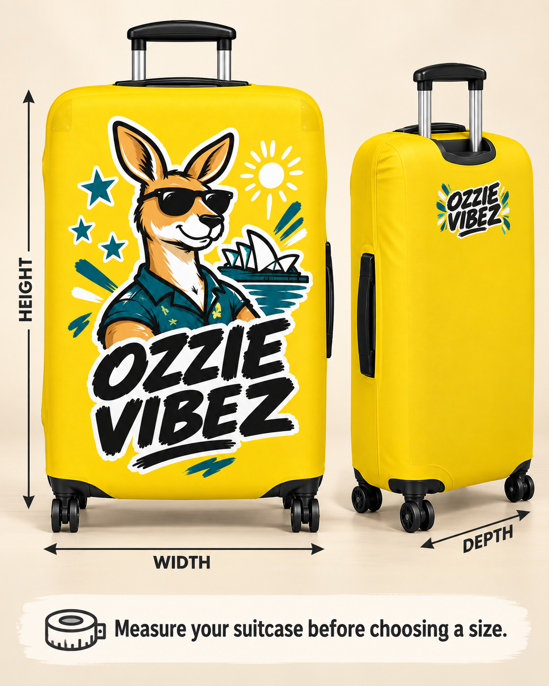 Ozzie Vibez Kangaroo Graphic Luggage Cover | Yellow Travel Accessory