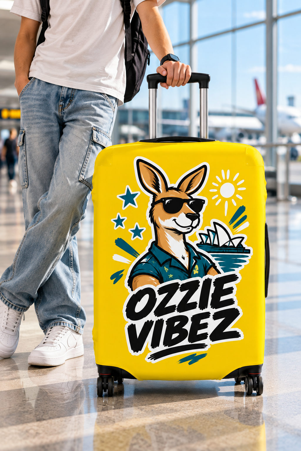 Ozzie Vibez Kangaroo Graphic Luggage Cover | Yellow Travel Accessory