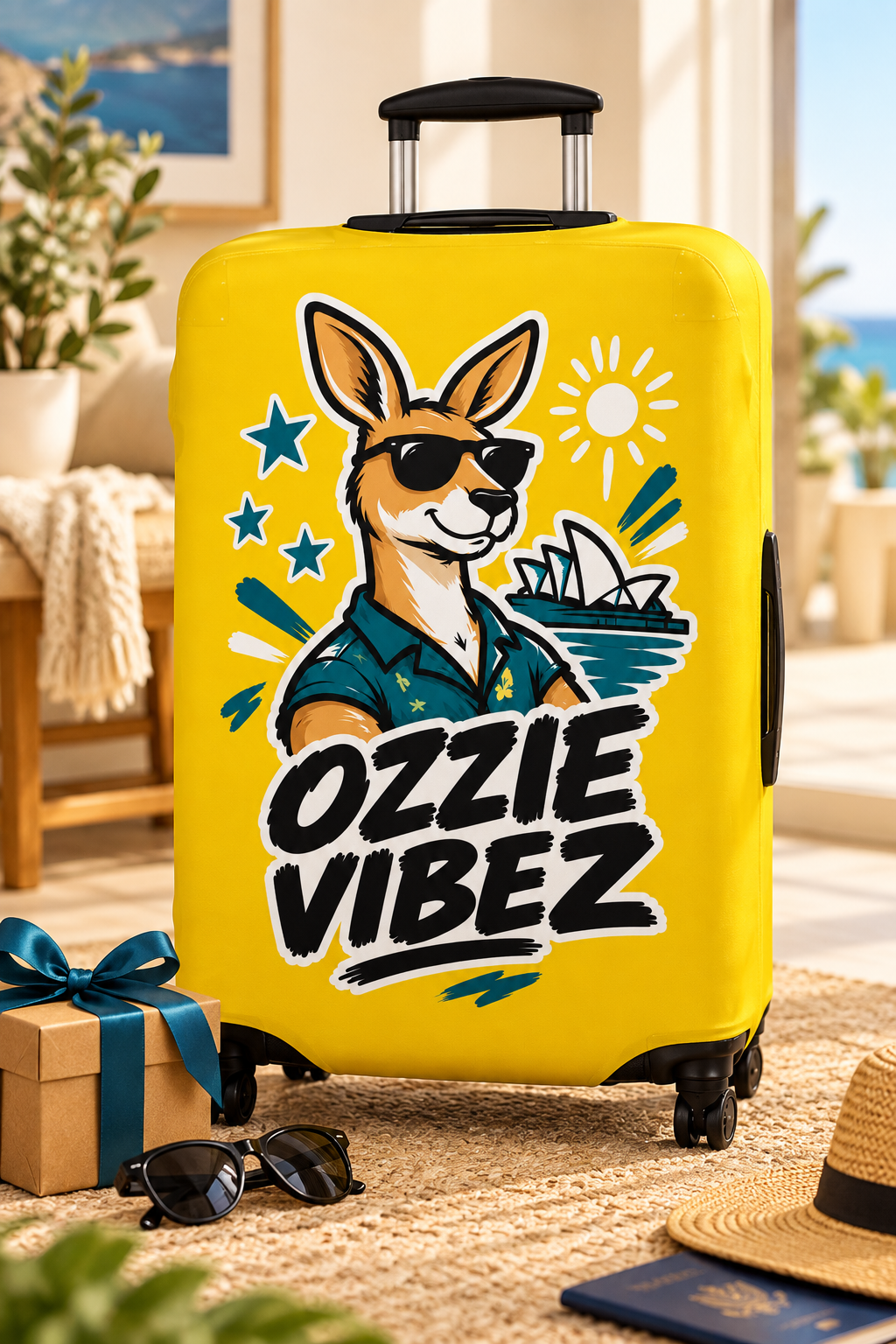 Ozzie Vibez Kangaroo Graphic Luggage Cover | Yellow Travel Accessory