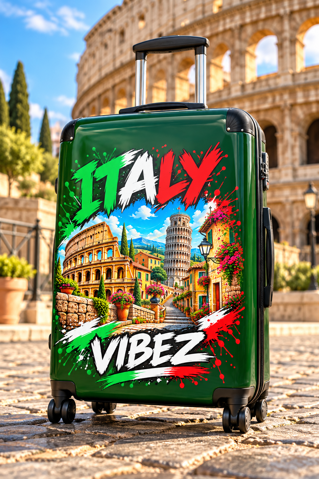 Italy Vibez Suitcase | Italian Landmarks Luggage Cover, Colosseum & Leaning Tower Design
