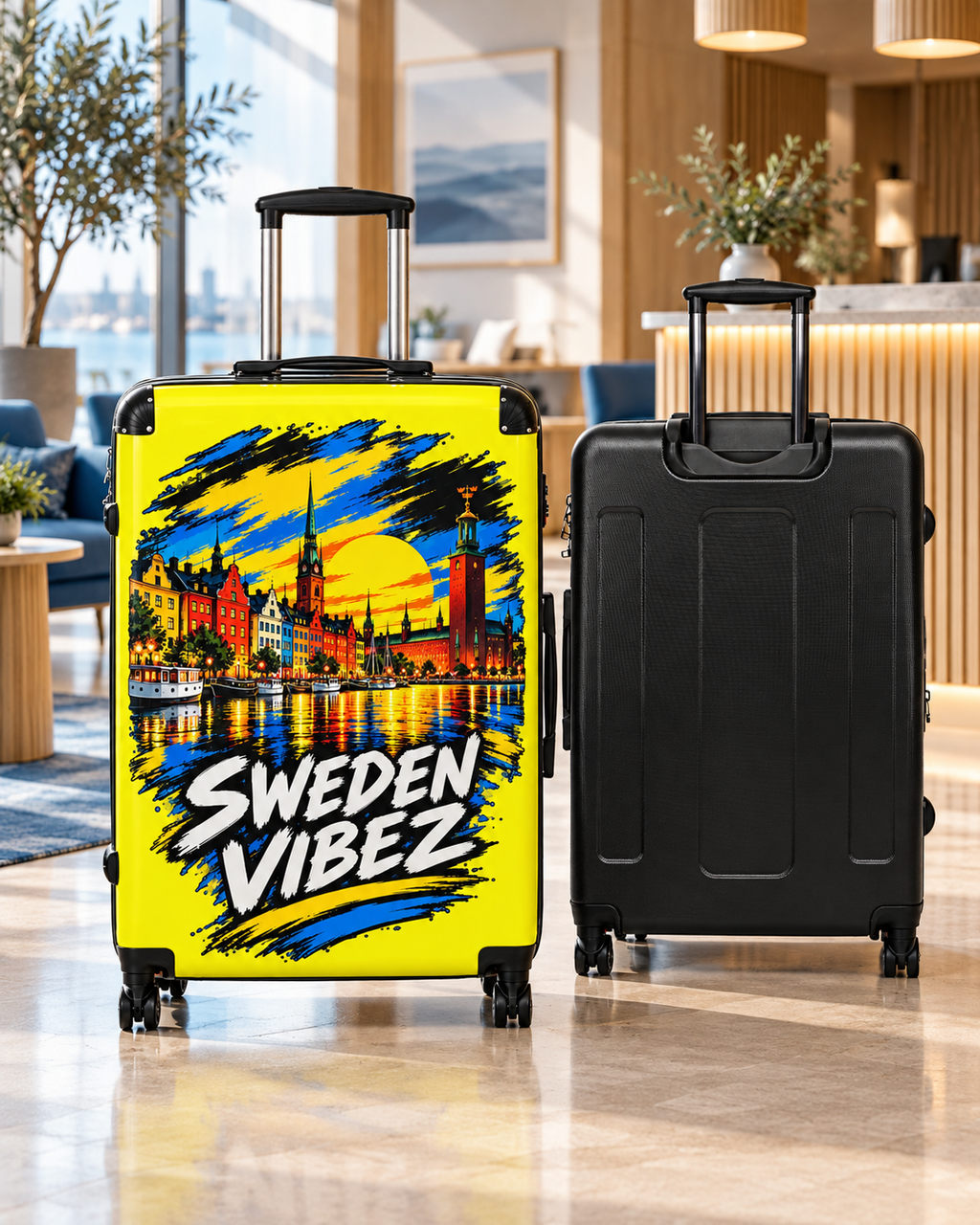 Sweden Vibez Suitcase | Stockholm Skyline Luggage, Yellow Graphic Carry-On