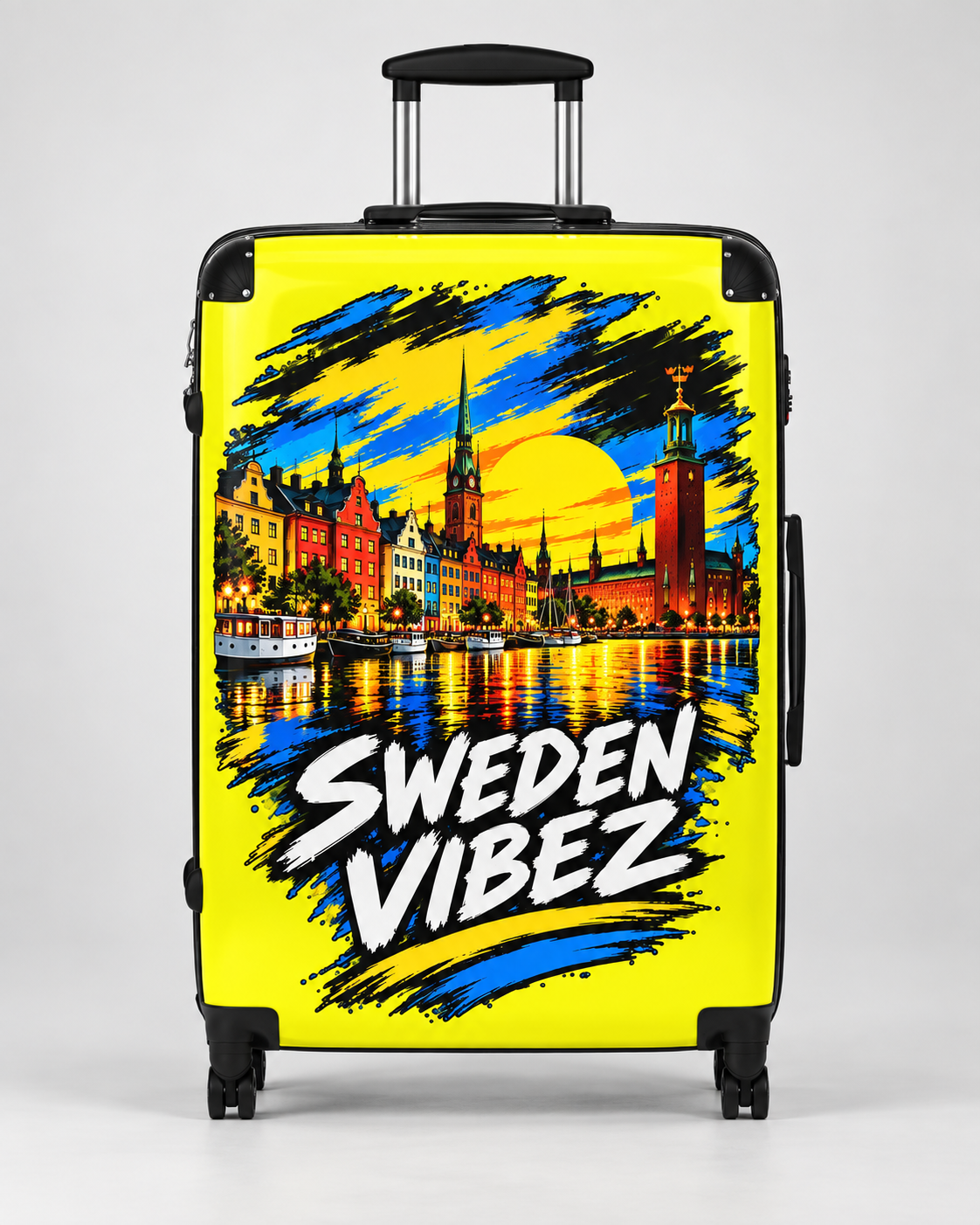Sweden Vibez Suitcase | Stockholm Skyline Luggage, Yellow Graphic Carry-On