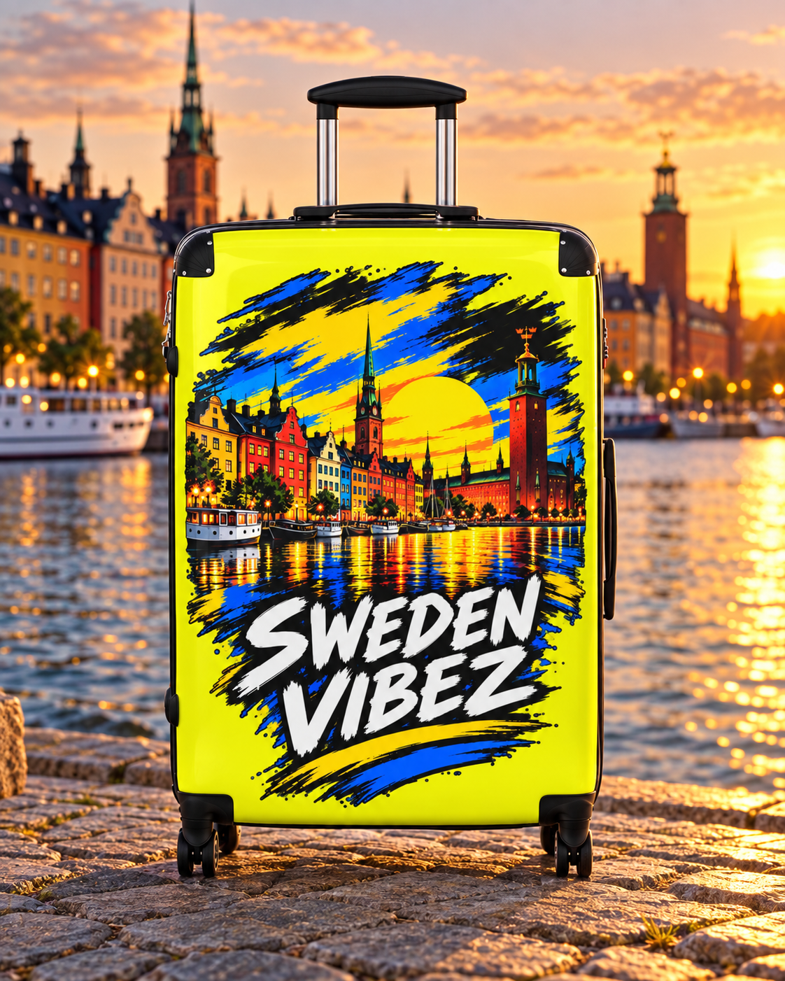 Sweden Vibez Suitcase | Stockholm Skyline Luggage, Yellow Graphic Carry-On