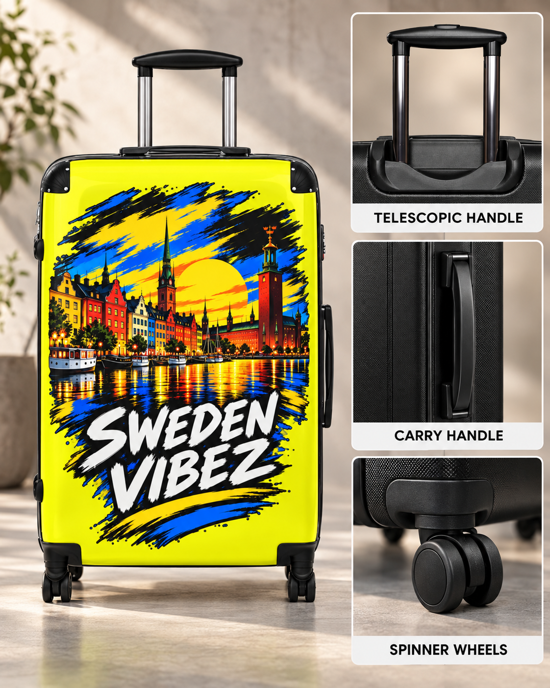 Sweden Vibez Suitcase | Stockholm Skyline Luggage, Yellow Graphic Carry-On