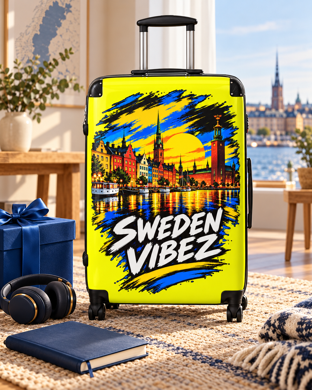 Sweden Vibez Suitcase | Stockholm Skyline Luggage, Yellow Graphic Carry-On