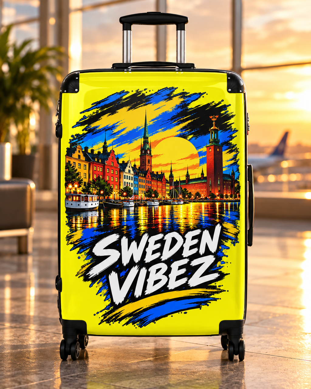 Sweden Vibez Suitcase | Stockholm Skyline Luggage, Yellow Graphic Carry-On