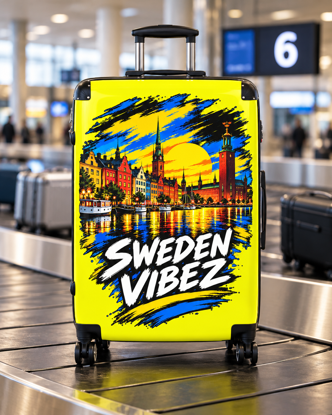 Sweden Vibez Suitcase | Stockholm Skyline Luggage, Yellow Graphic Carry-On