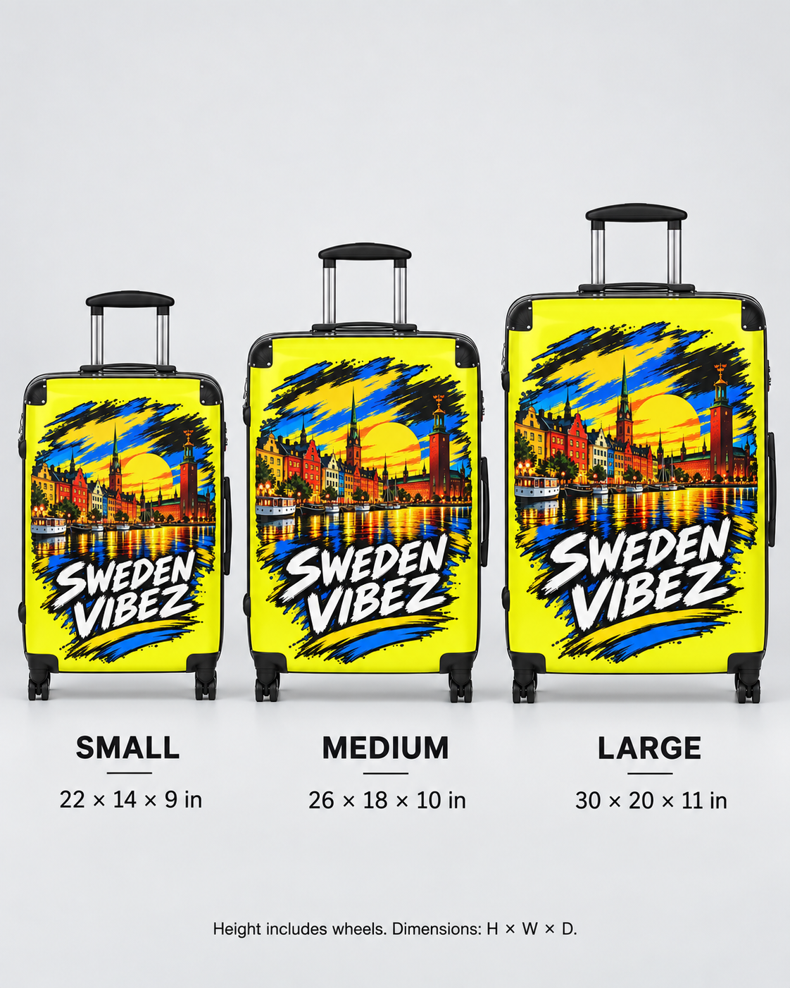 Sweden Vibez Suitcase | Stockholm Skyline Luggage, Yellow Graphic Carry-On