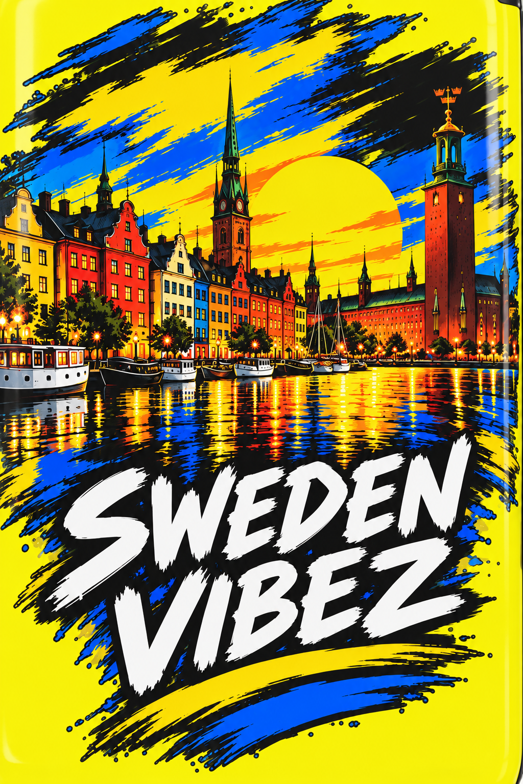Sweden Vibez Suitcase | Stockholm Skyline Luggage, Yellow Graphic Carry-On