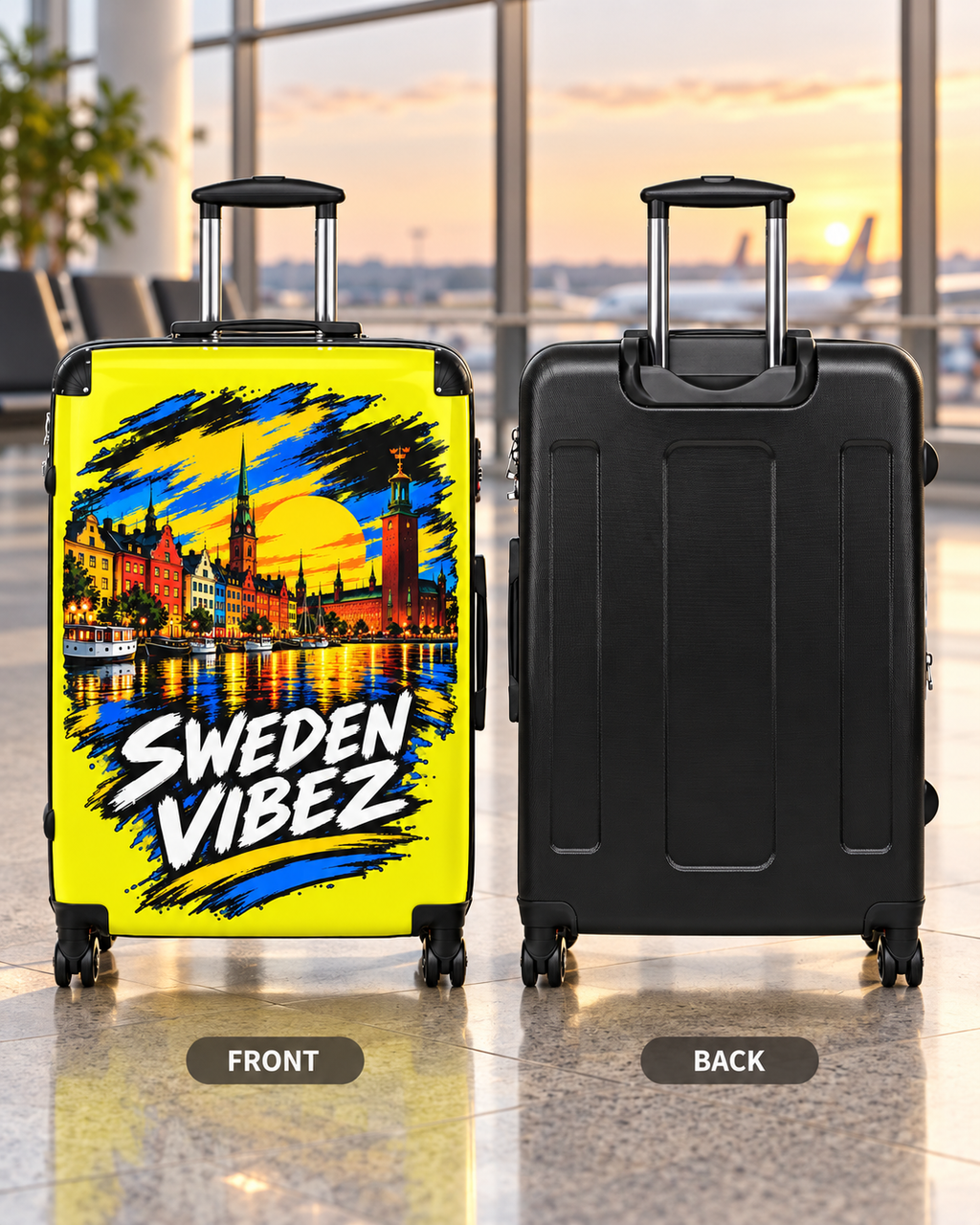 Sweden Vibez Suitcase | Stockholm Skyline Luggage, Yellow Graphic Carry-On
