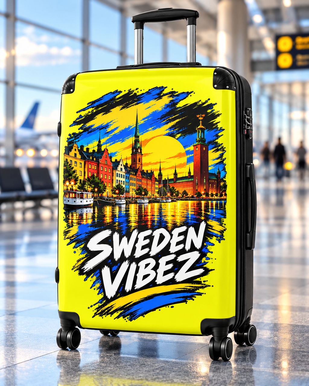Sweden Vibez Suitcase | Stockholm Skyline Luggage, Yellow Graphic Carry-On