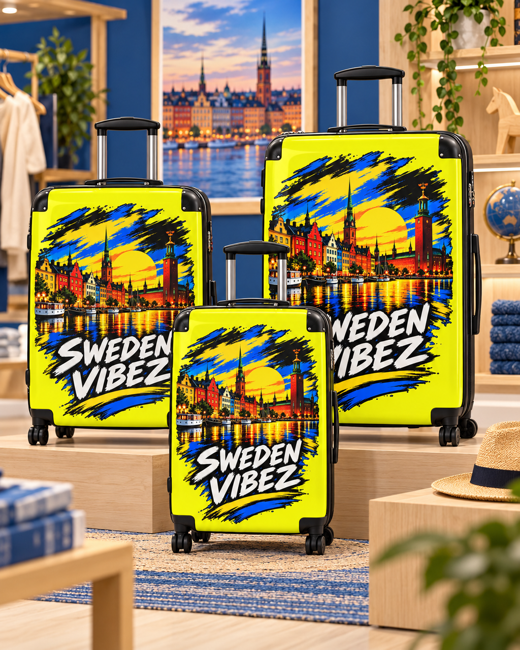 Sweden Vibez Suitcase | Stockholm Skyline Luggage, Yellow Graphic Carry-On